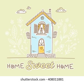 Vector illustration of cute two story cottage with flowers and inscription of yellow and blue colors on green background with white clouds. Hand drawn flat line art design to make a greeting card