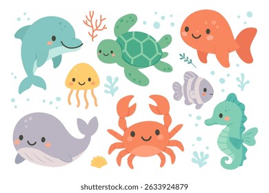 Vector illustration of cute underwater creatures: dolphin, turtle, whale, fish, jellyfish, crab, seahorse, and coral. Ideal for kids’ marine-themed designs, educational materials and sea life projects