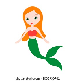 Vector illustration of cute underwater mermaid girl. Fairy fantasy of sea. Isolated character water mythology princess. Young fairytale magic woman with long hair and tail.