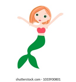 Vector illustration of cute underwater mermaid girl. Fairy fantasy of sea. Isolated character water mythology princess. Young fairytale magic woman with long hair and tail.