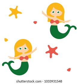 Vector illustration of cute underwater mermaid girl. Fairy fantasy of sea. Isolated character water mythology princess. Young fairytale magic woman with long hair and tail.