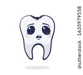 Vector illustration. Cute unhealthy human tooth with sad eyes and caries. Dental decay. Symbol of somatology and oral hygiene. Graphic design with contour. Isolated on white background