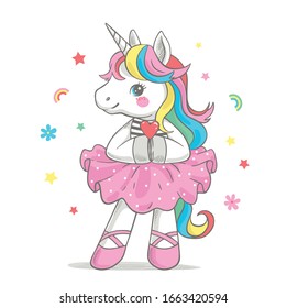 Vector illustration of a cute unicorn ballerina in a pink tutu and pointe shoes.