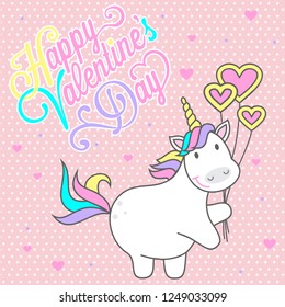 vector illustration of a cute unicorn with a balloon, greeting on Valentine's Day