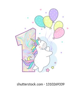 vector illustration of a cute unicorn with balloons, number one, birthday card