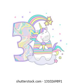 vector illustration of a cute unicorn with balloons number three, birthday card