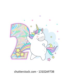 vector illustration of a cute unicorn with balls, number two, birthday card