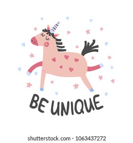 vector illustration, cute unicorn, be unique hand lettering