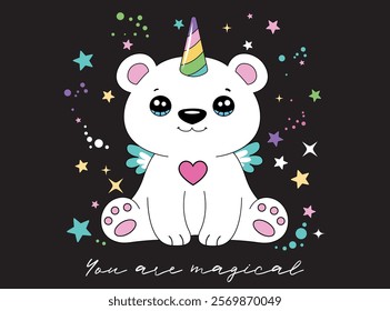 Vector illustration. Cute unicorn bear surrounded by stars on dark background. Design for printing on shirt, poster, banner, Lovely print for t-shirt.