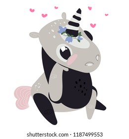Vector illustration of cute unicorn with a black and white suit.