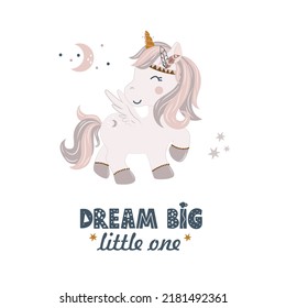 Vector illustration Cute Unicorn in Boho style, cartoon doodle background with text - Dream Big little one. Perfect for greeting card design, t-shirt print, inspiration poster