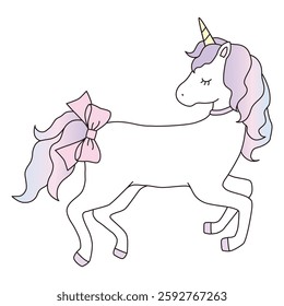 Vector illustration of a cute unicorn with a bow. Horse, horn, animal, dreamy, line