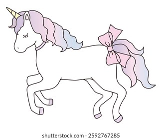 Vector illustration of a cute unicorn with a bow. Horse, horn, animal, dreamy, line