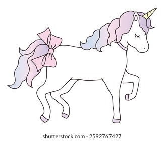 Vector illustration of a cute unicorn with a bow. Horse, horn, animal, dreamy, line