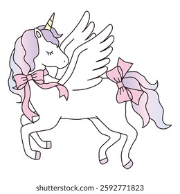 Vector illustration of a cute unicorn with a bow. Horse, feather, animal, dreamy, pegasus, line
