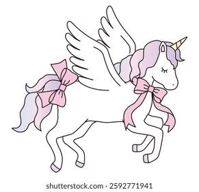 Vector illustration of a cute unicorn with a bow. Horse, feather, animal, dreamy, pegasus, line