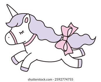 Vector illustration of a cute unicorn with a bow. Horse, Animal, Dreamy, Line