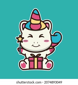 vector illustration of cute unicorn bring magic wand and gifts suitable for children's books, birthday cards, valentine's day.