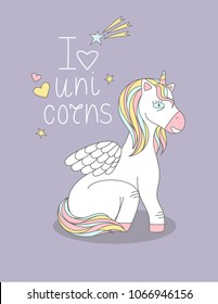 Vector illustration of a cute unicorn. Card design with sweet unicorn and lettering 'I love unicorn' isolated from purple background