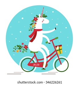 vector illustration. cute unicorn carries the spirit of Christmas on a bicycle