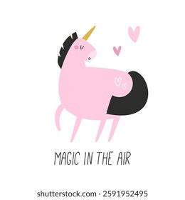 Vector illustration of cute unicorn in a childish flat style. Perfect for frame arts, decorations, prints