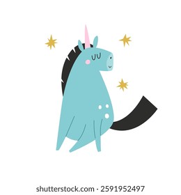 Vector illustration of cute unicorn in a childish flat style. Perfect for frame arts, decorations, prints
