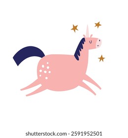 Vector illustration of cute unicorn in a childish flat style. Perfect for frame arts, decorations, prints
