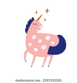 Vector illustration of cute unicorn in a childish flat style. Perfect for frame arts, decorations, prints