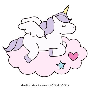 Vector illustration of a cute unicorn with clouds. Horse, animal, dreamy, feather, pegasus, line