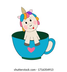 Vector illustration of cute unicorn in cup on white background.