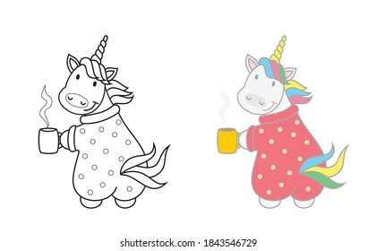Vector illustration of cute unicorn with cup of tea.Children's coloring book.