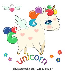 Vector illustration - a cute unicorn with a curly mane and a tail of rainbow color, with golden hooves, spots-hearts, under it is a rainbow inscription unicorn, and above it is an unusual heart.