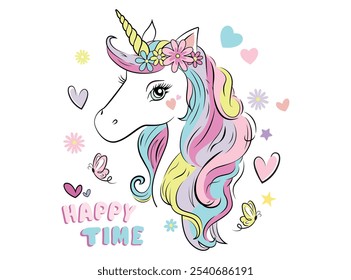 Vector illustration, cute unicorn decorated with flowers, butterflies and hearts,. Design for printing on shirt, poster, banner. Lovely print for t-shirt, abstract image.