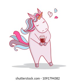 Vector illustration with cute unicorn. Unicorn drink coffee.