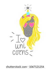 Vector illustration of a cute unicorn face. Card design with sweet unicorn and lettering 'I love unicorn' isolated from white background