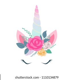 Vector illustration of cute unicorn face with flowers. Design element for birthday cards, party invitations. 