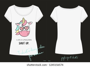 Vector illustration of cute unicorn face. Fashion print for t shirt with cartoon character . Cute unicorn horse with horn and beauty rainbow hair
