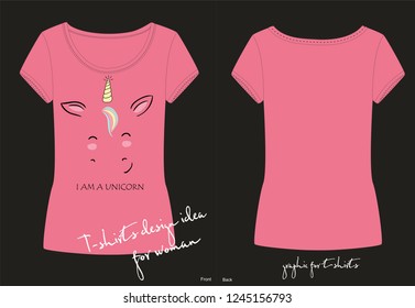 Vector illustration of cute unicorn face. Fashion print for t shirt with cartoon character . Cute unicorn horse with horn and beauty rainbow hair