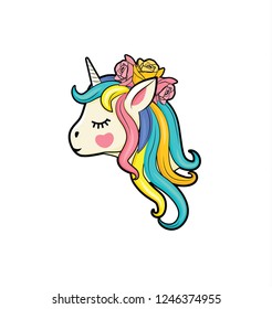 Vector illustration of cute unicorn face with flower wreath