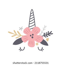Vektorgrafik eines süßen Einhorn-Gesichts und Horns, mit einem Blumenkranz in boho-neutralen Farben, Bild für kleine Mädchen