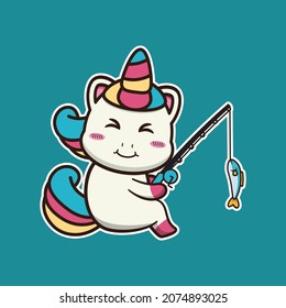  vector illustration of cute unicorn fishing suitable for children's books, birthday cards, valentine's day.