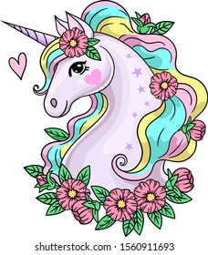 Vector illustration of cute unicorn with flowers. Drawing in pastel colors for design prints, posters, cards.