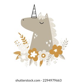 Ilustración vectorial de un lindo unicornio y flores sobre un fondo blanco. Caballo. Ilustración gentil para tarjeta, invitaciones de cumpleaños, ducha de bebé, impresión en ropa. Boho. 