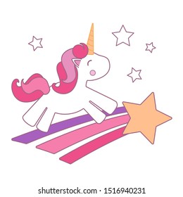 Vector illustration of a cute unicorn flying on a star. Greeting card, poster, banner, design element.