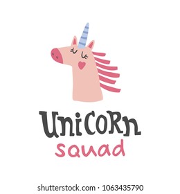 vector illustration, cute unicorn and funny text