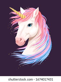 Vector illustration of cute unicorn with gold horn