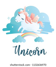 Vector illustration of a cute unicorn. Greeting card with "Unicorn" inscription. Can be used for cards, flyers, posters, t-shirts.