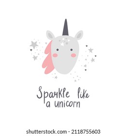 vector illustration of a cute unicorn head and sparkle like a unicorn hand lettering text, adorable modern design for kids, nursery wall art design concept