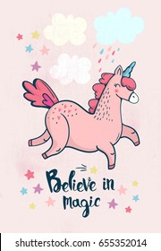 Vector illustration with cute unicorn head, clouds, stars and the moon. Magic postcard with little unicorn head on light pink background.Believe in magic.