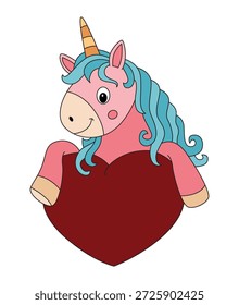 Ilustração vetorial um unicórnio bonito segurando o coração